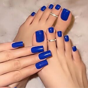 48-Piece Chic Blue Press-On Nails & Toenails Set - Glossy Short Square